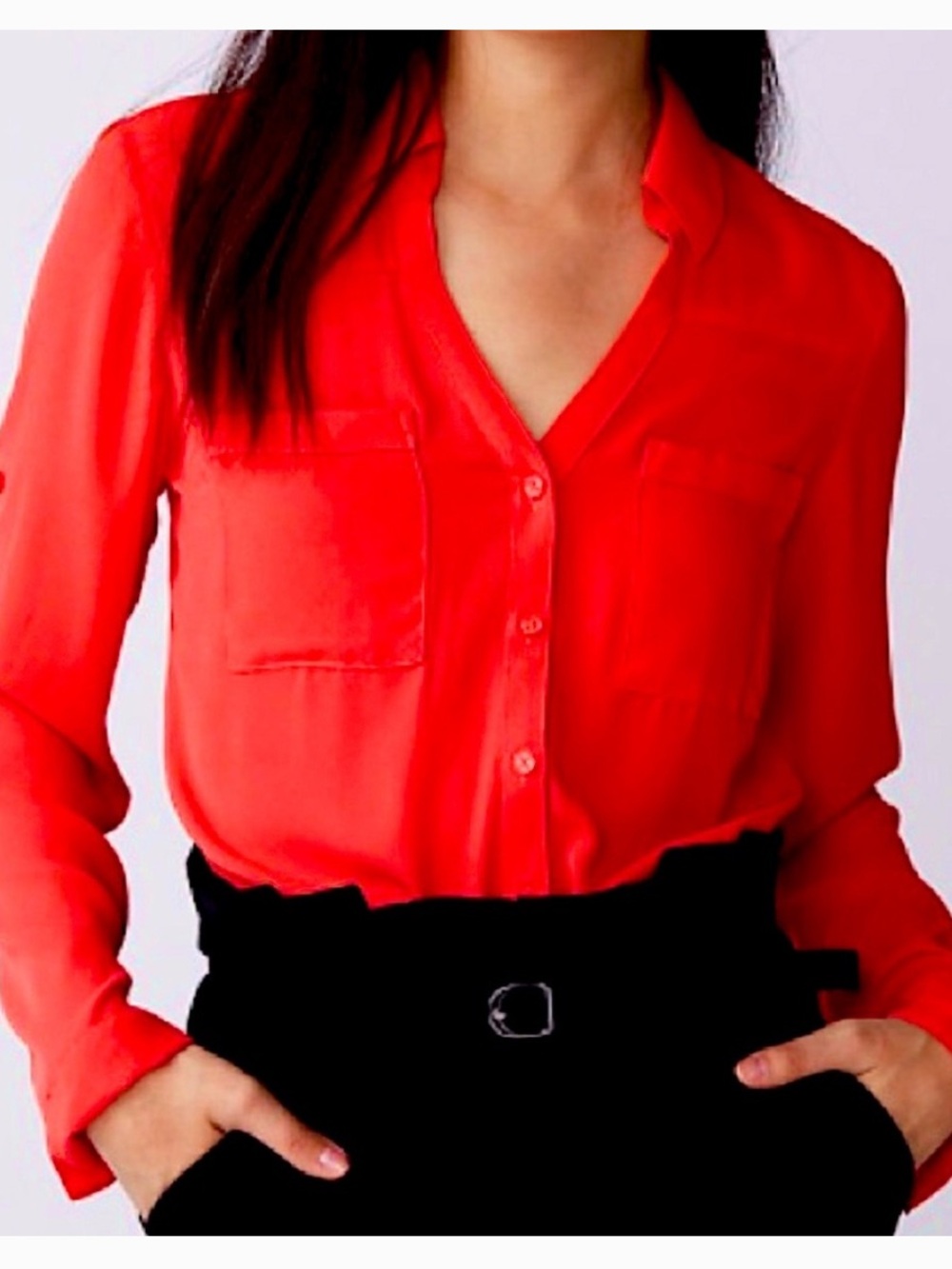 Express Portofino Shirt XS Bright Red Button Down Blouse Career Office Work Top